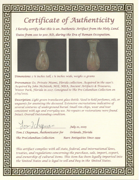 Ancient Holy Land Glass Bottle Authentic Artifact 100-300 AD Roman Era COA J10