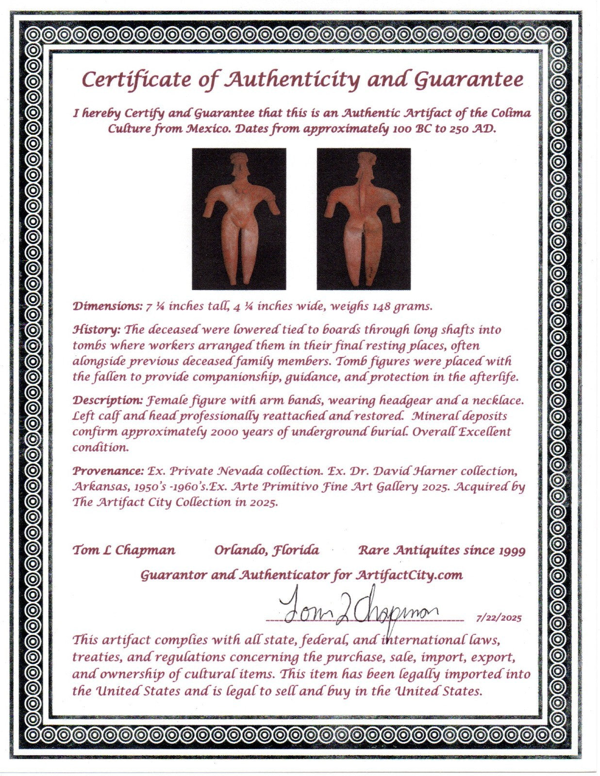 Pre Columbian Artifact 7 Inch Female Tomb Figure Colima Mexico 100 BC COA 240