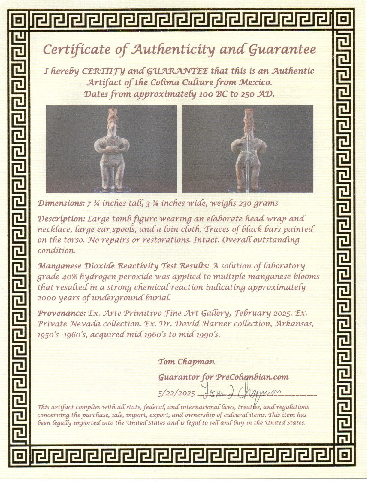 Pre Columbian Authentic Artifact Tomb Figure Colima Mexico 100 BC-250 AD COA 169