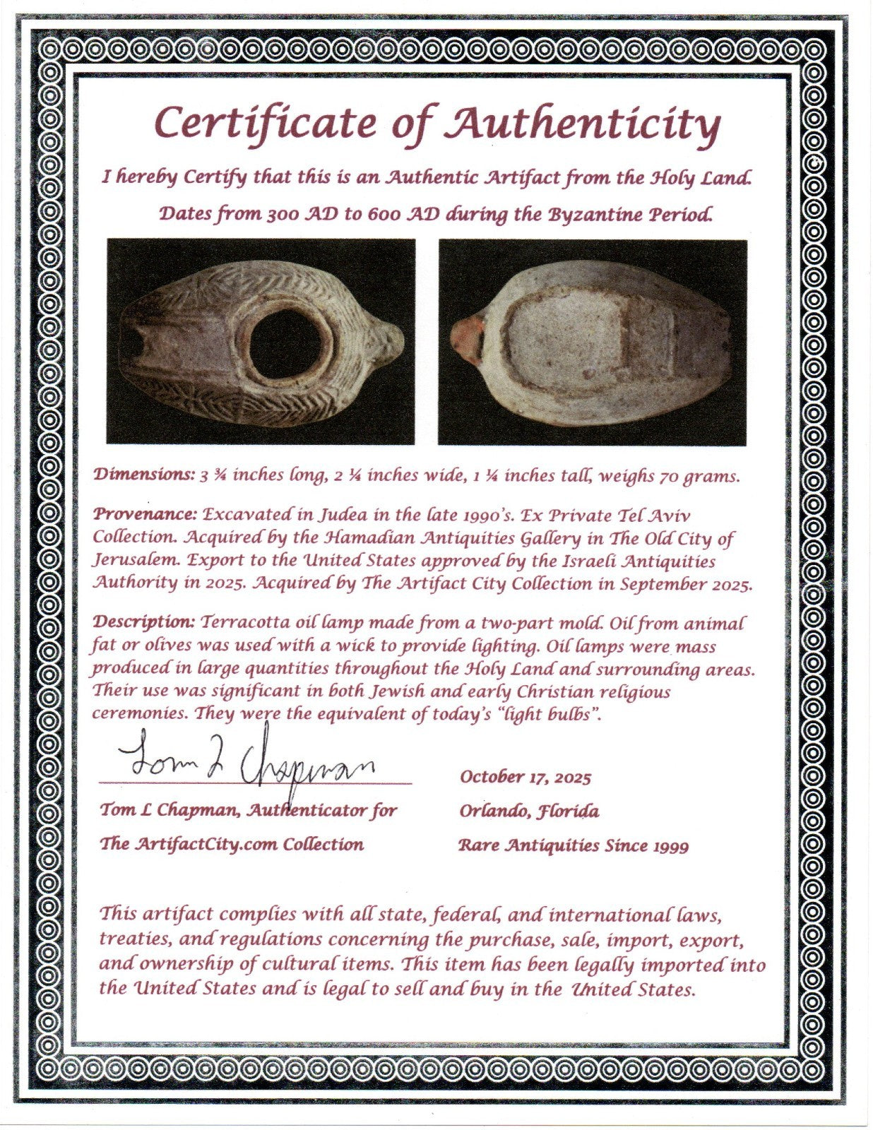 Ancient Holy Land Oil Lamp Artifact 2 Hidden Christian Crosses 300-600 AD COA 97