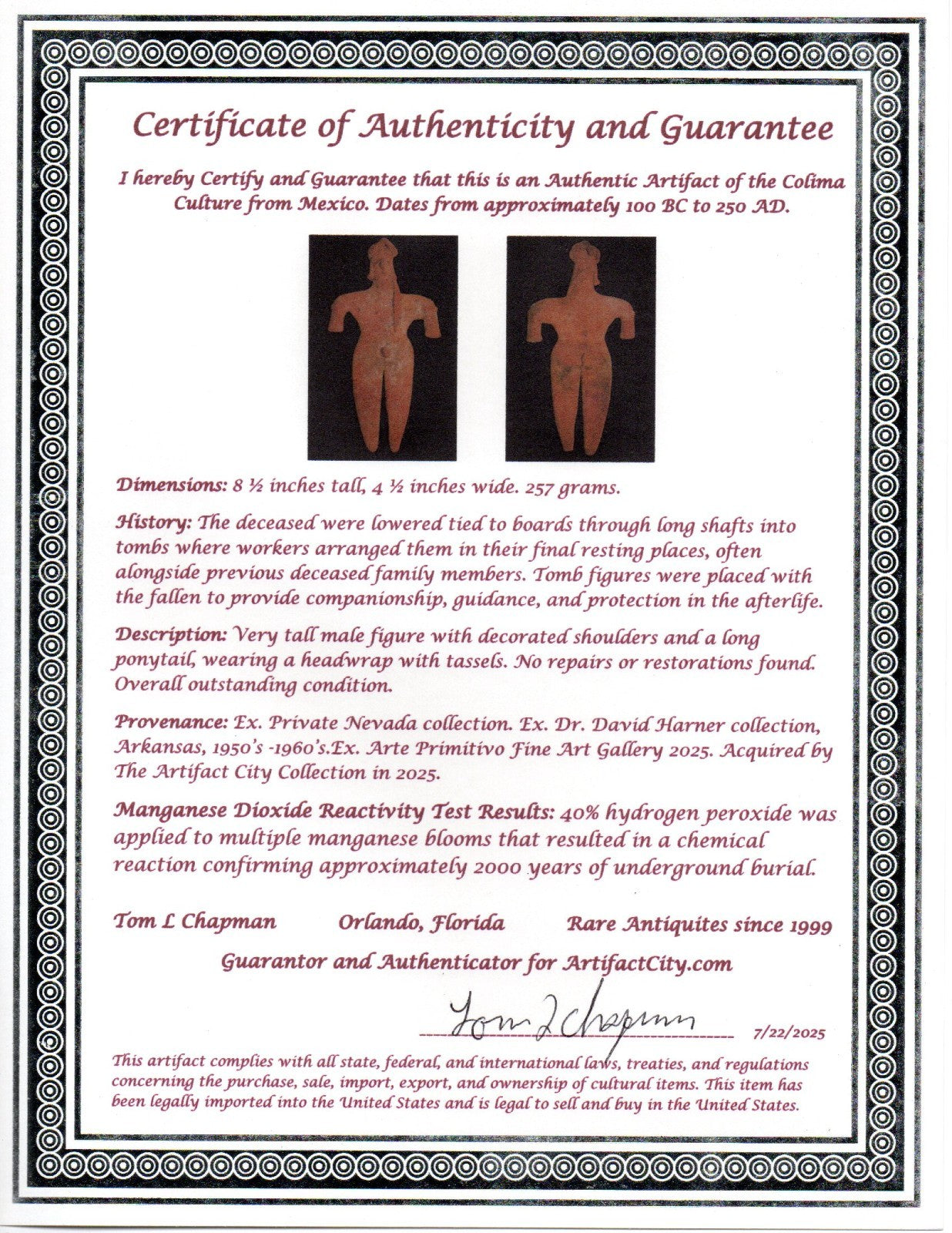 Pre Columbian Artifact Huge 8 Inch Tall Tomb Figure Colima Mexico 100 BC COA 232