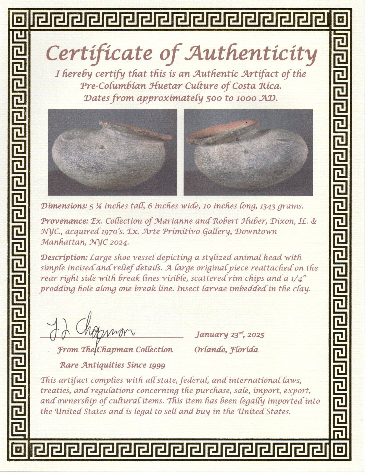 Pre Columbian Authentic Artifact Huetar Shoe Vessel Ex Arte Primitivo COA T21