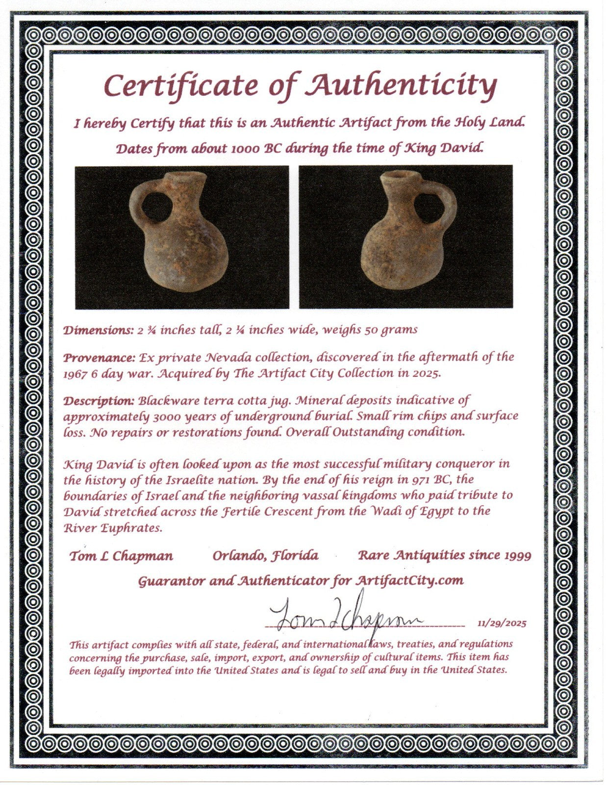 Time of King David Jugglet Ancient Holy Land Artifact Home of Jesus COA 37