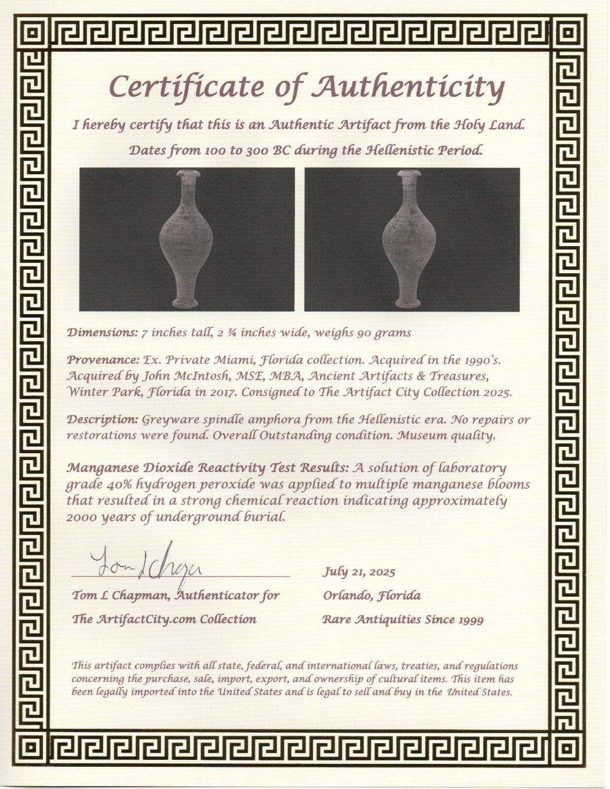 Holy Land Artifact Authentic Ancient Rare Spindle Amphora 300 to 100 BC COA J25