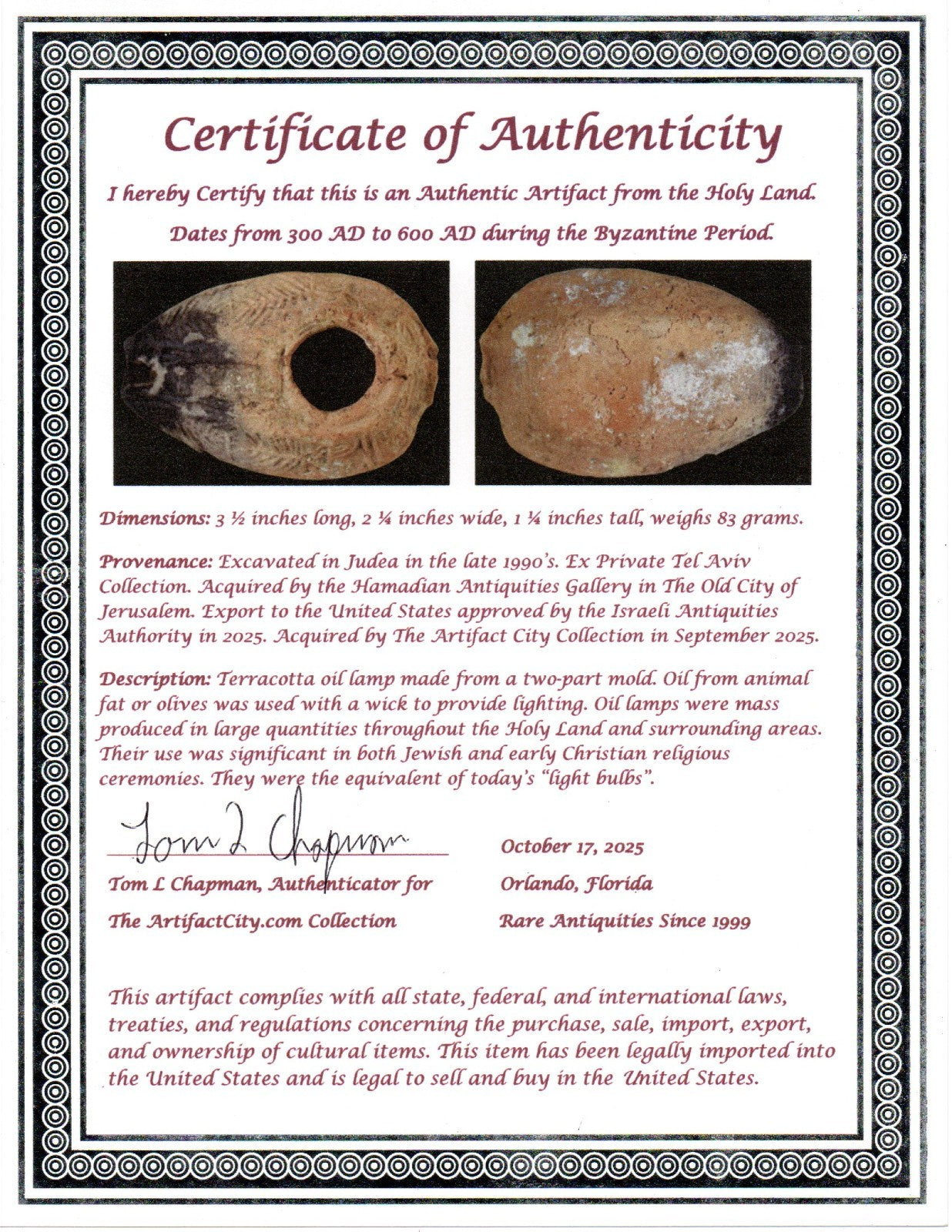 Ancient Holy Land Oil Lamp Artifact 2 Hidden Christian Crosses 300-600AD COA 135