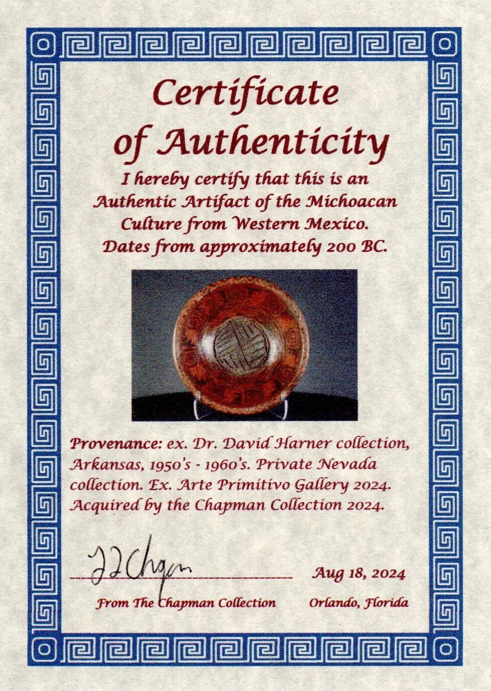 Authentic Pre Columbian Artifact Michoacan Tripod Bowl Ex Arte Primitivo COA T26