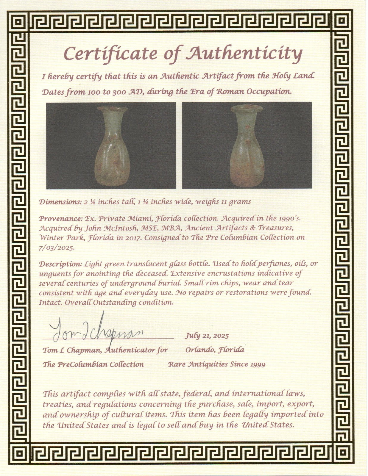 Ancient Holy Land Glass Bottle Authentic Artifact 100-300 AD Roman Era COA J10