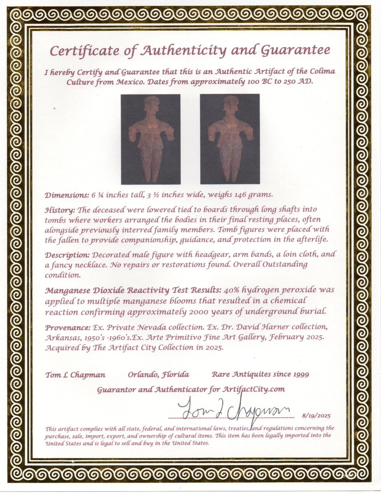 Pre Columbian Artifact 6 inch Male Shaft Tomb Figure Colima Mexico 100BC COA 265