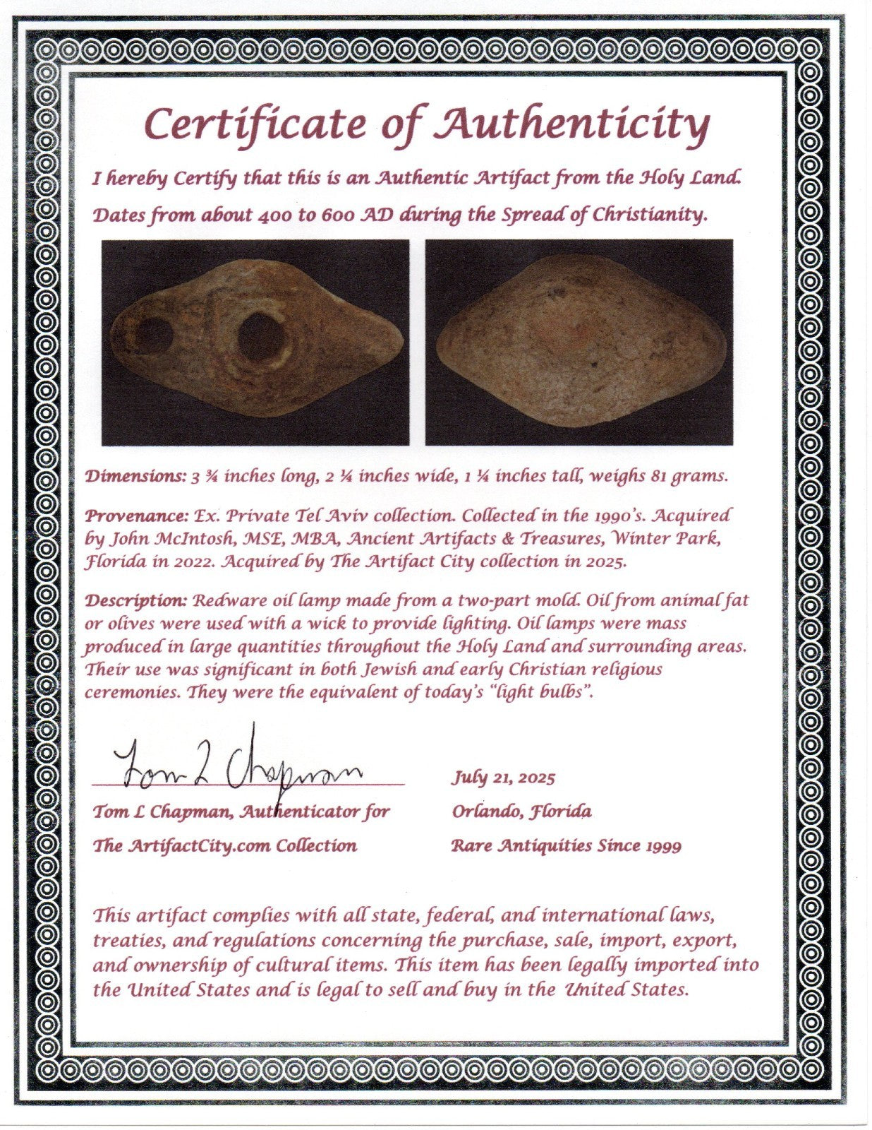 Ancient Holy Land Oil Lamp Artifact  From Jesus Christ Homeland 400-600AD COA 40