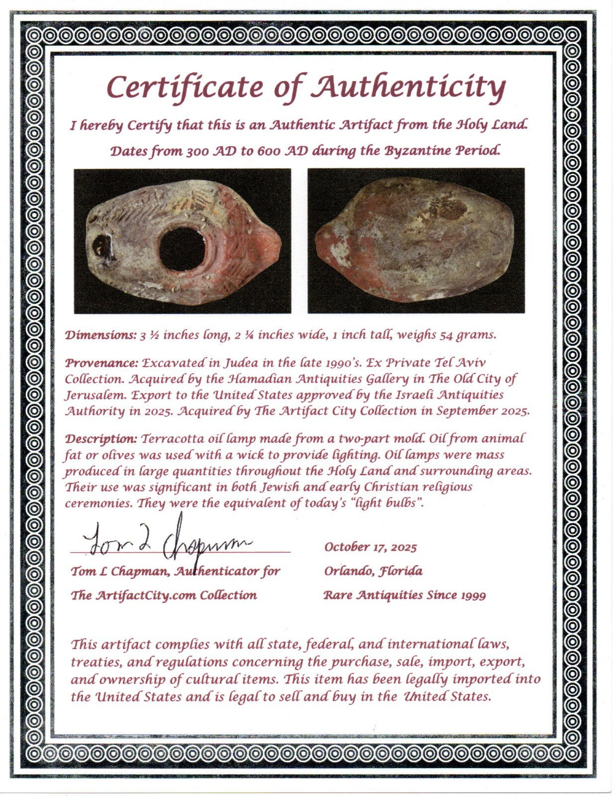 Oil Lamp Holy Land Ancient Artifact Jesus Christ Home Israel 300-600 AD COA 120