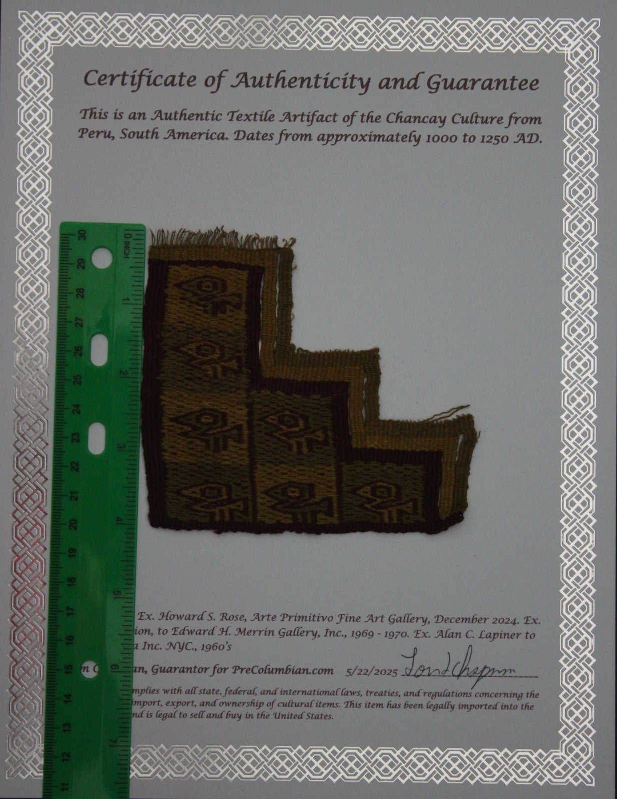 Pre Columbian Artifact Authentic Frameable Textile Border Chancay Peru COA 03