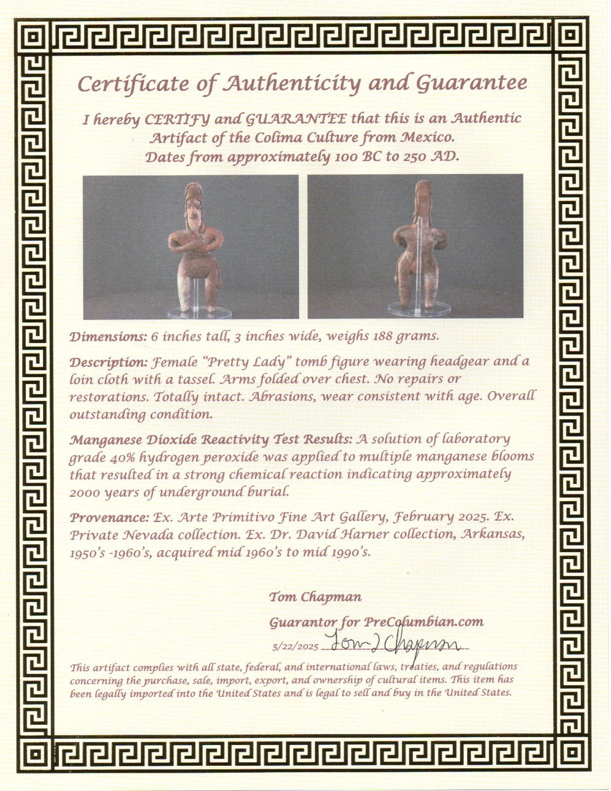 Pre Columbian Artifact Authentic Pretty Lady Tomb Figure Colima Mexico COA 195