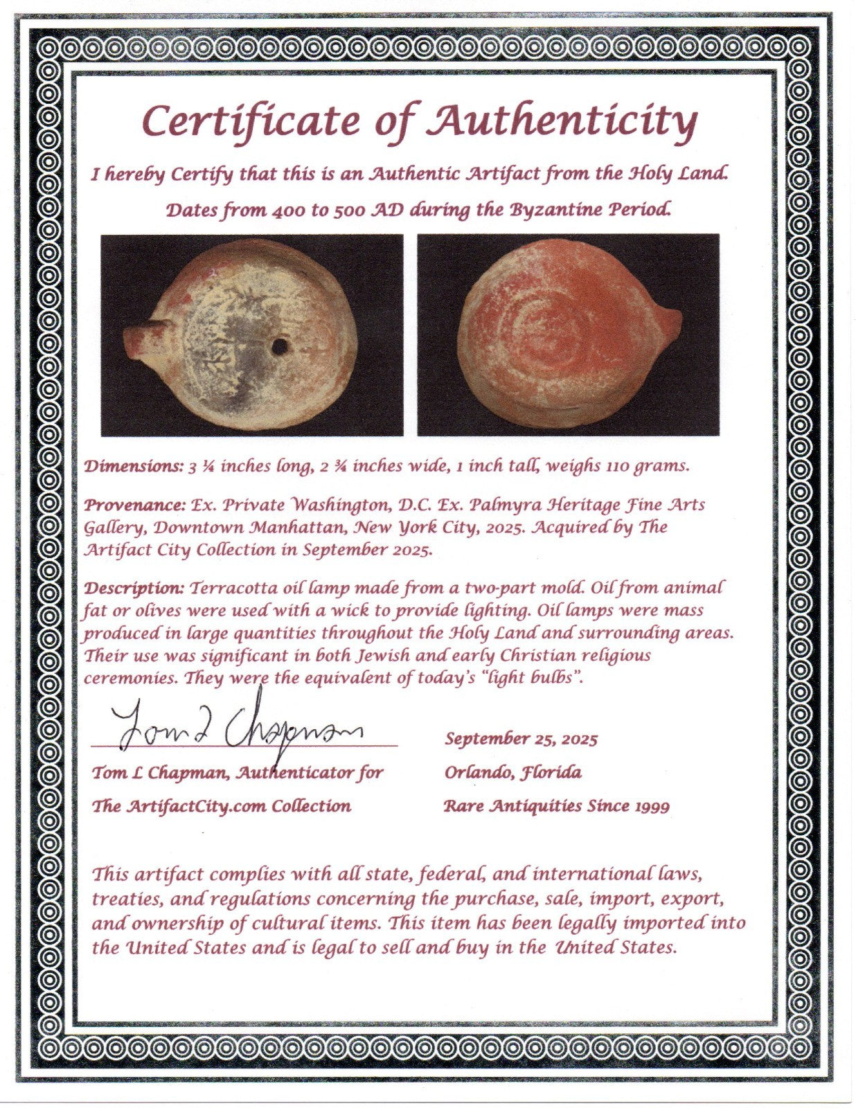 Ancient Holy Land Oil Lamp Artifact 3 Crosses Jesus Christ Home 400-500AD COA 29