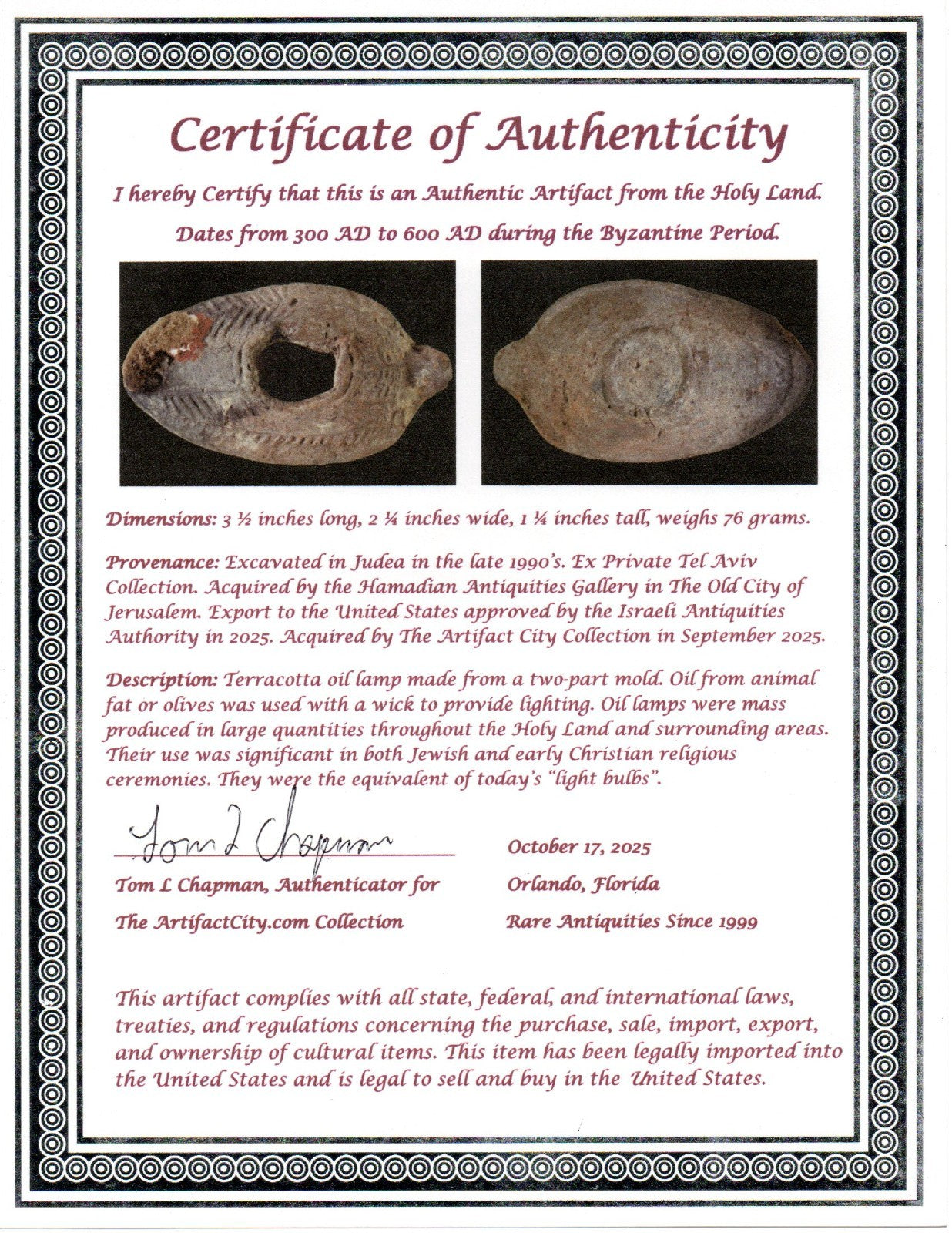 Oil Lamp Holy Land Ancient Artifact Jesus Christ Home Israel 300-600 AD COA 138