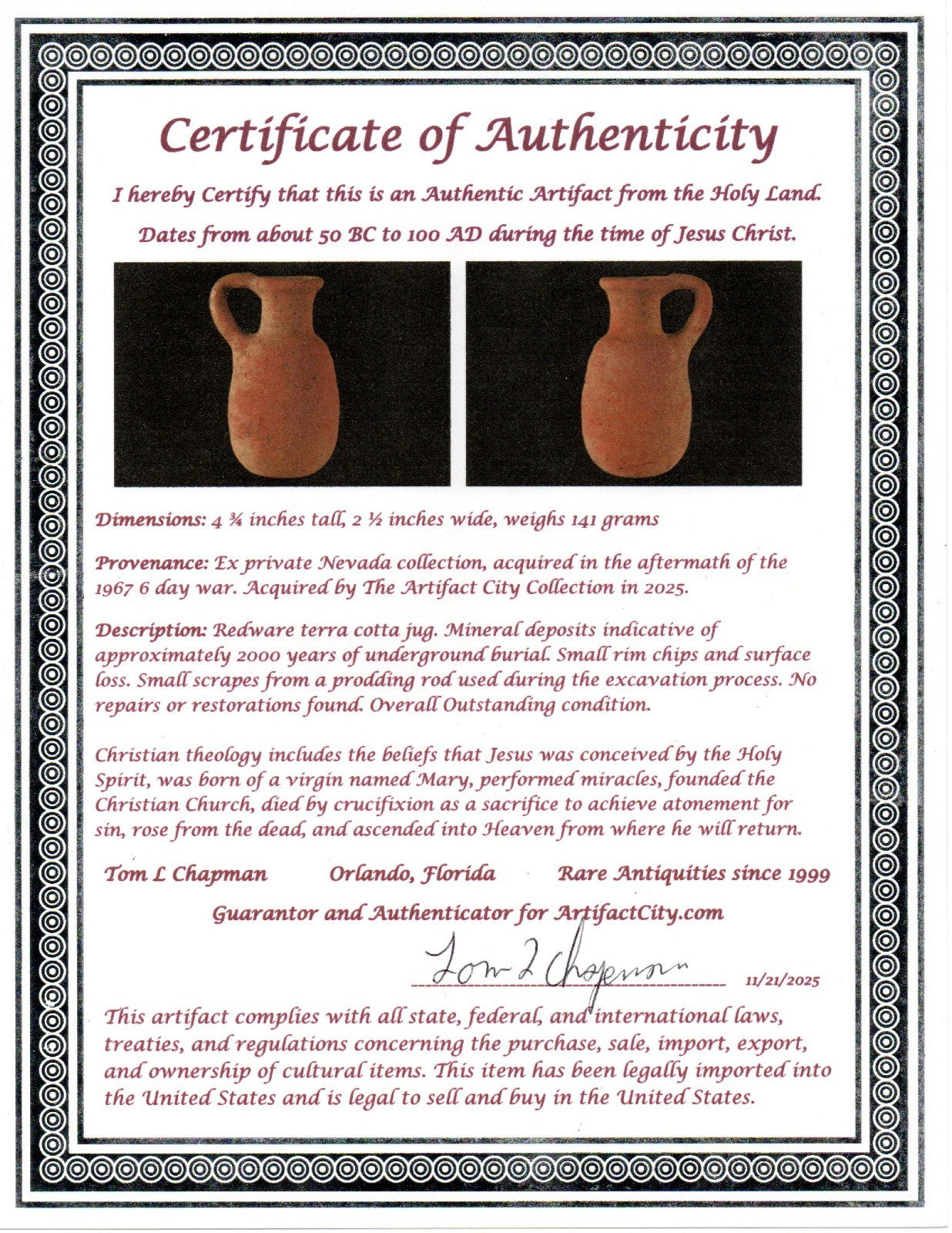 Time of Jesus Christ Ancient Holy Land Artifact Herodian Jug 50BC - 100AD COA 26