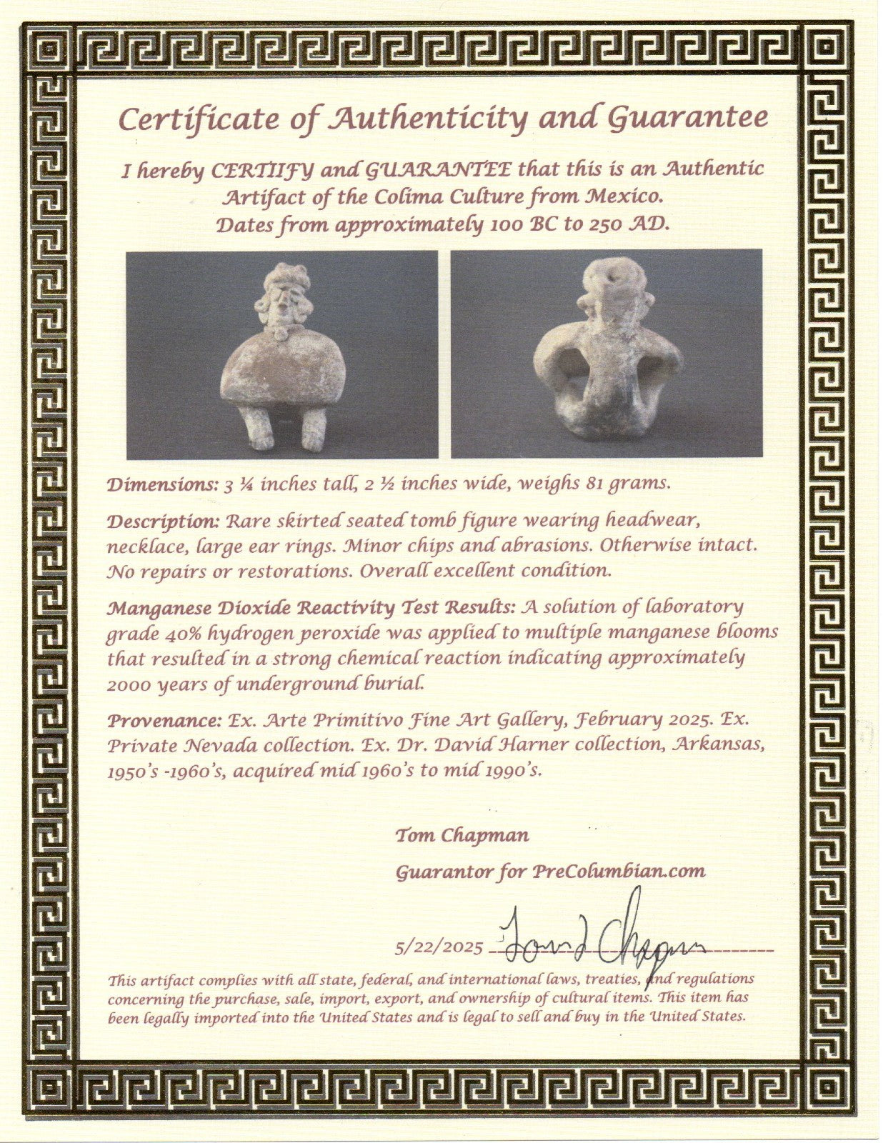 Pre Columbian Authentic Artifact Rare Skirted Tomb Figure Colima Mexico COA 183