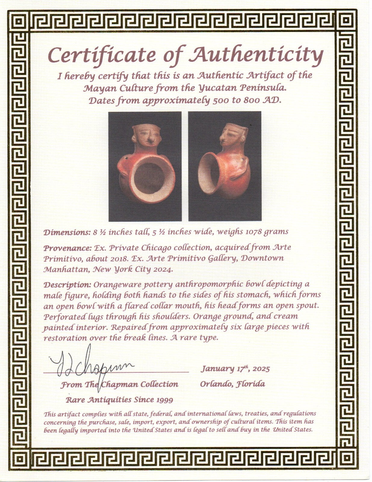 Rare Mayan Belly Bowl Authentic Pre Columbian Artifact Arte Primitivo COA T115