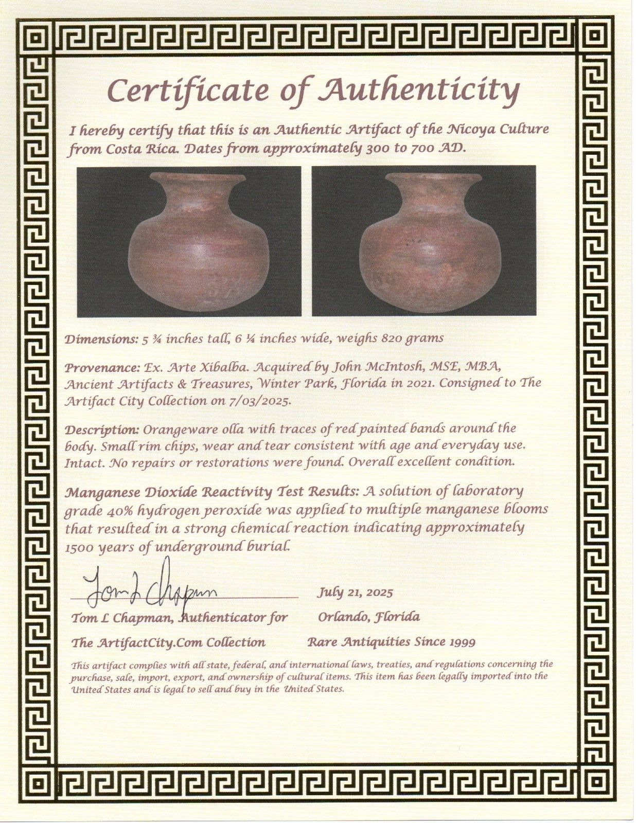 Pre Columbian Authentic Artifact Olla Nicoya Costa Rica 300 to 700 AD COA J58