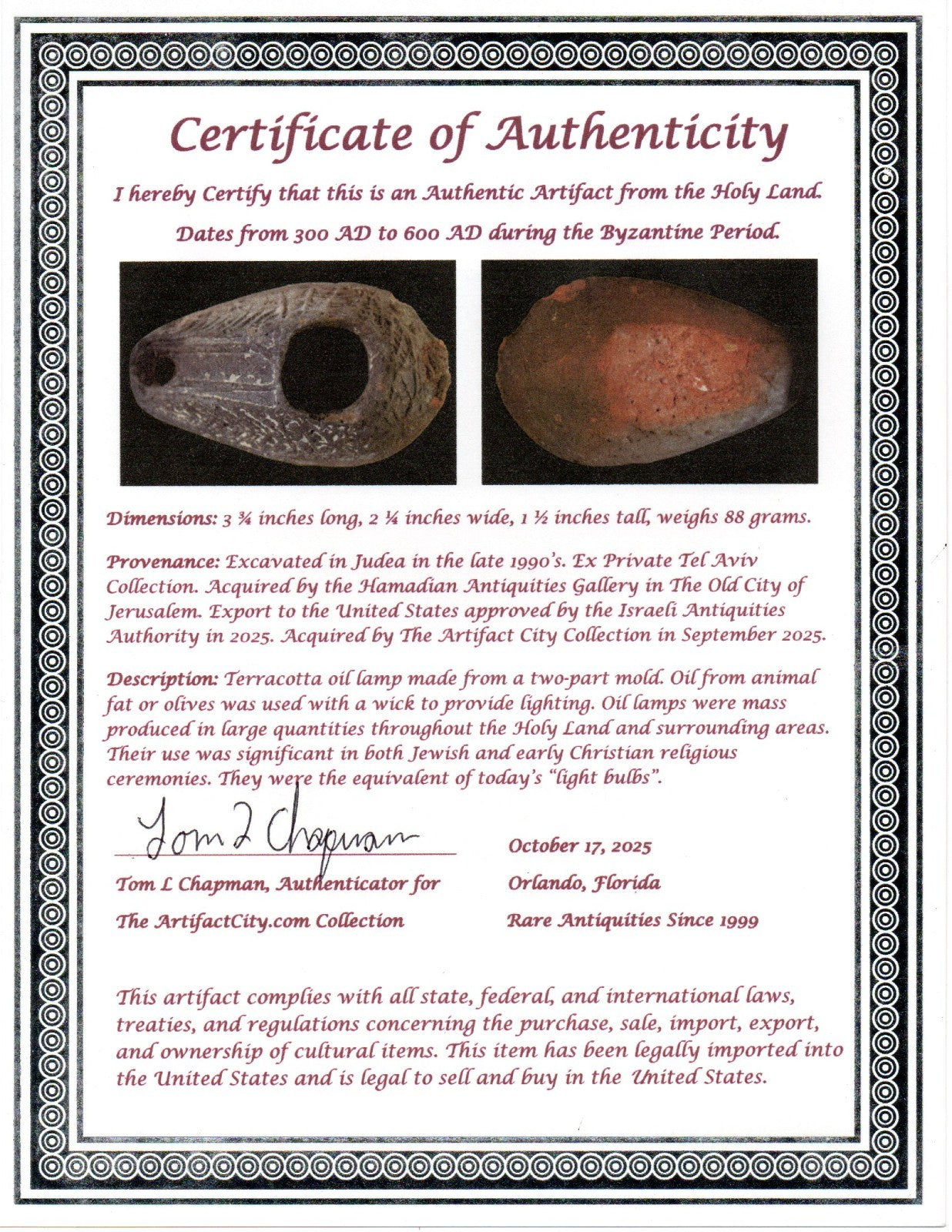 Oil Lamp Holy Land Ancient Artifact Jesus Christ Home Israel 300-600 AD COA 132