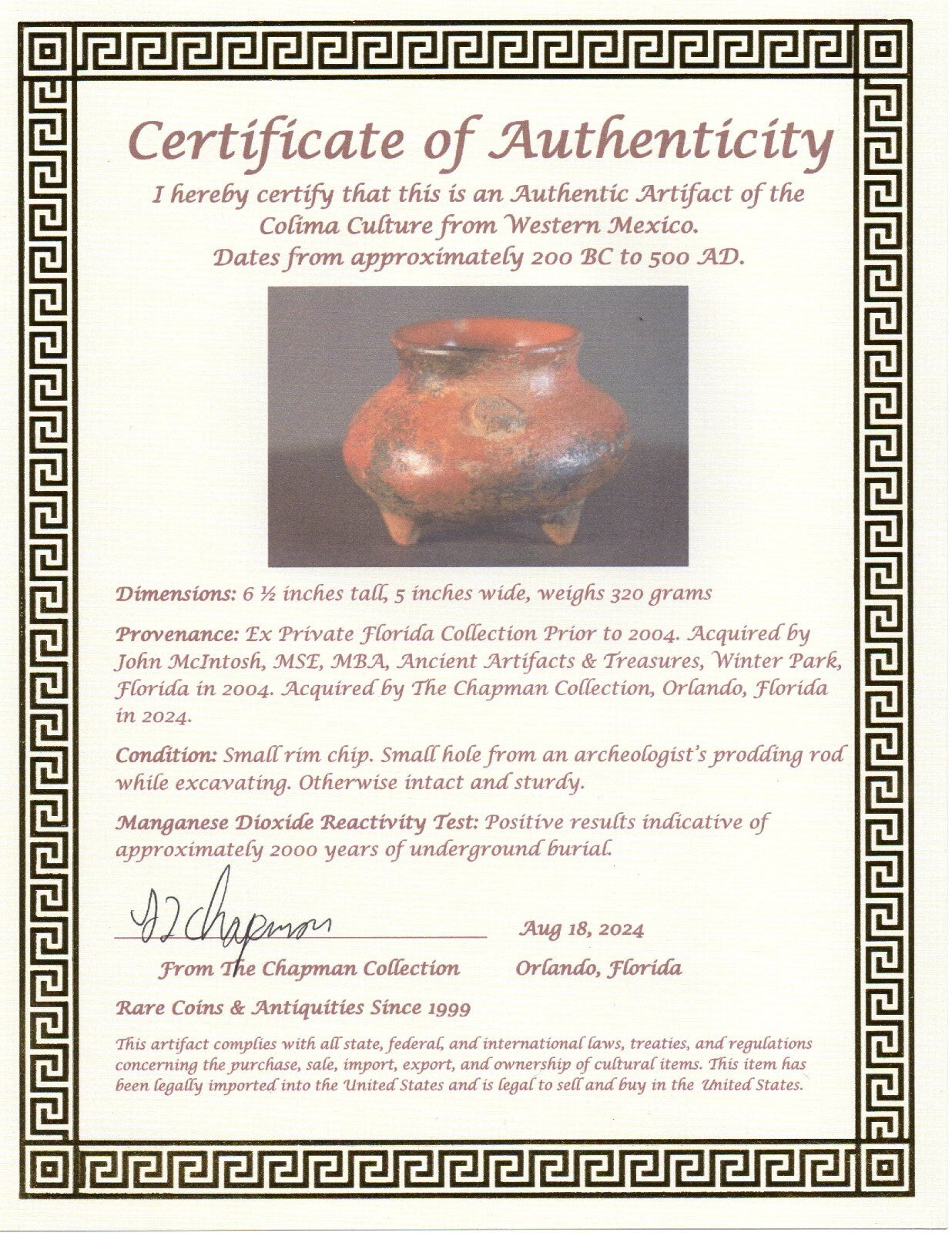 Pre Columbian Artifact Authentic Tripod Bowl Colima Mexico 200 BC-500 AD COA J91