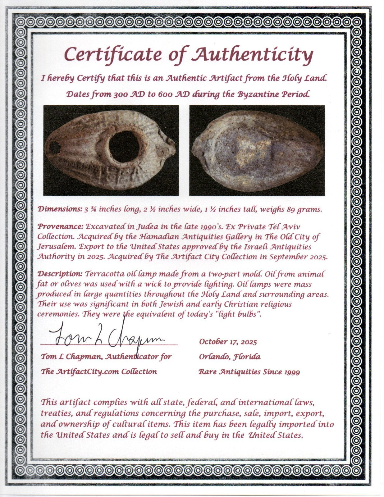 Oil Lamp Holy Land Ancient Artifact Jesus Christ Home Israel 300-600 AD COA 90