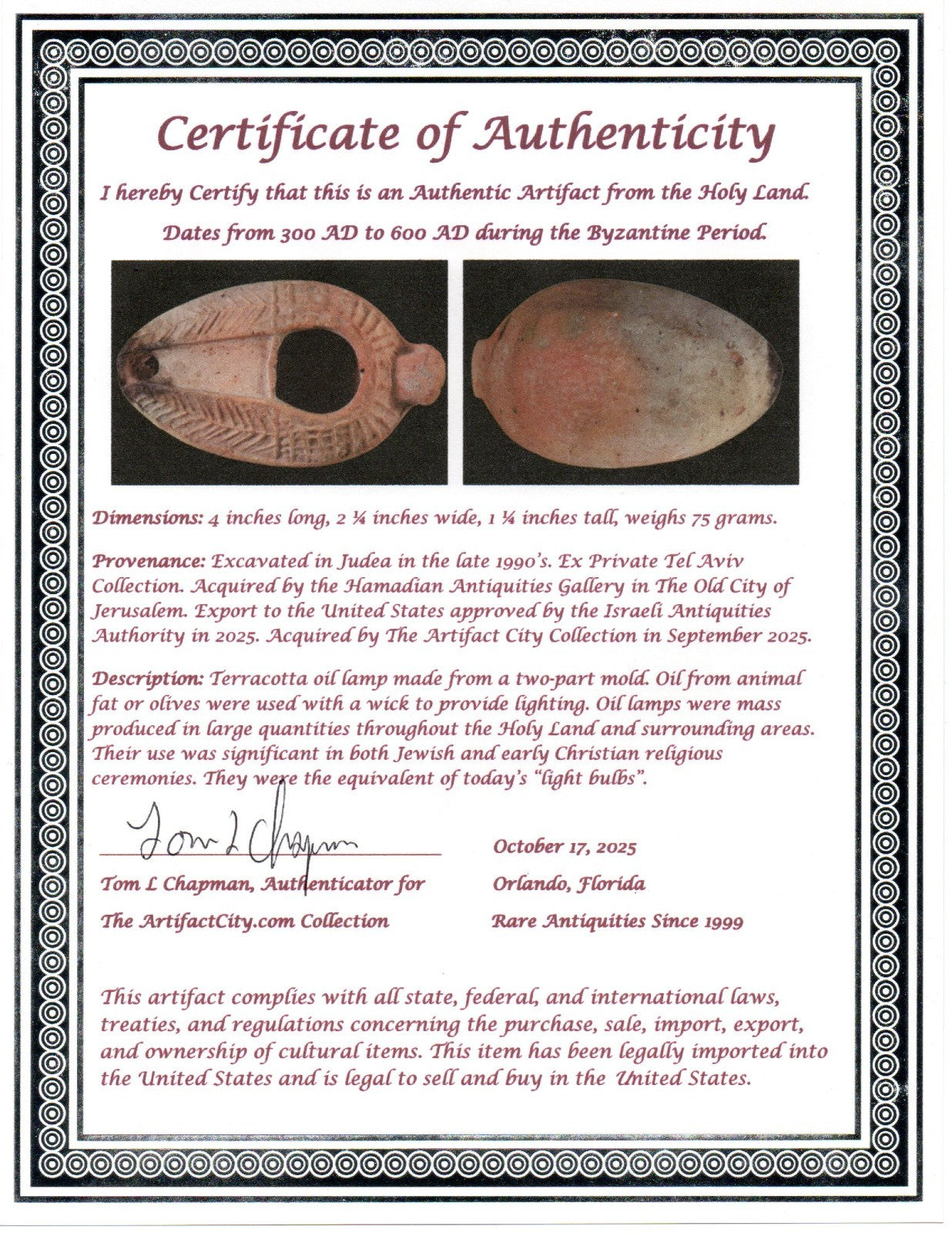 Oil Lamp Holy Land Ancient Artifact Jesus Christ Home Israel 300-600 AD COA 81