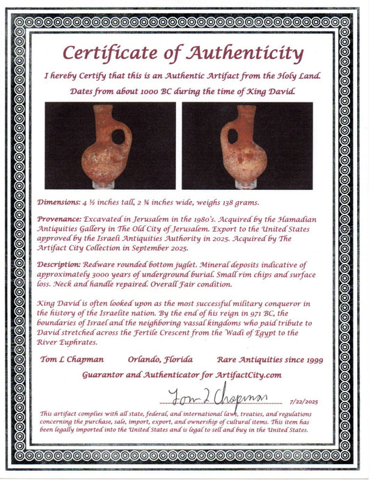 Ancient Holy Land Artifact King David Jugglet Land of Jesus Christ 1000 BC COA 7