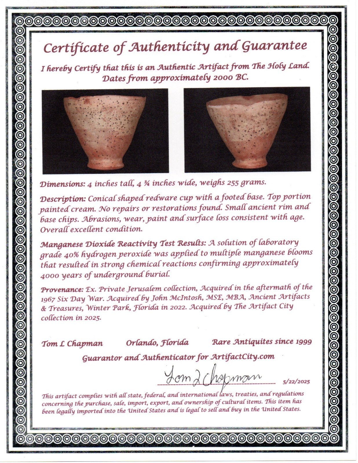 Time of Abraham Holy Land Artifact Ancient 4000 Year Old Cup  2000 BC COA J143