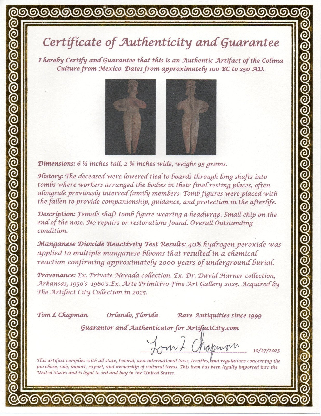 Pre Columbian Artifact 6 Inch Tall Shaft Tomb Figure Colima Mexico 100BC COA 285