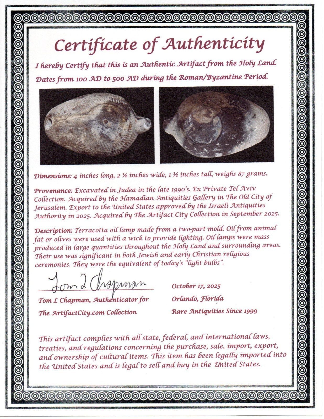 Ancient Holy Land Oil Lamp Artifact From Jesus Christ Home Land 100-500AD COA 61