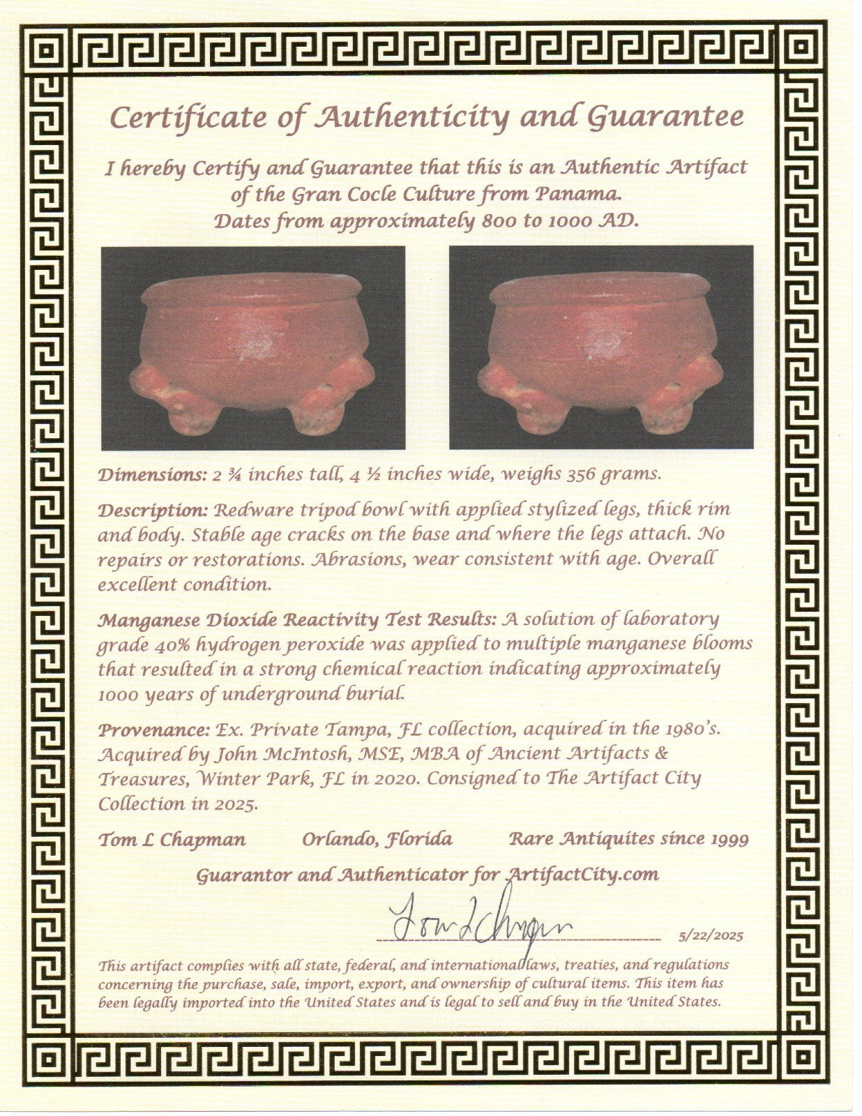 Pre Columbian Artifact Authentic Tripod Bowl Gran Cocle Panama 800 AD COA J74