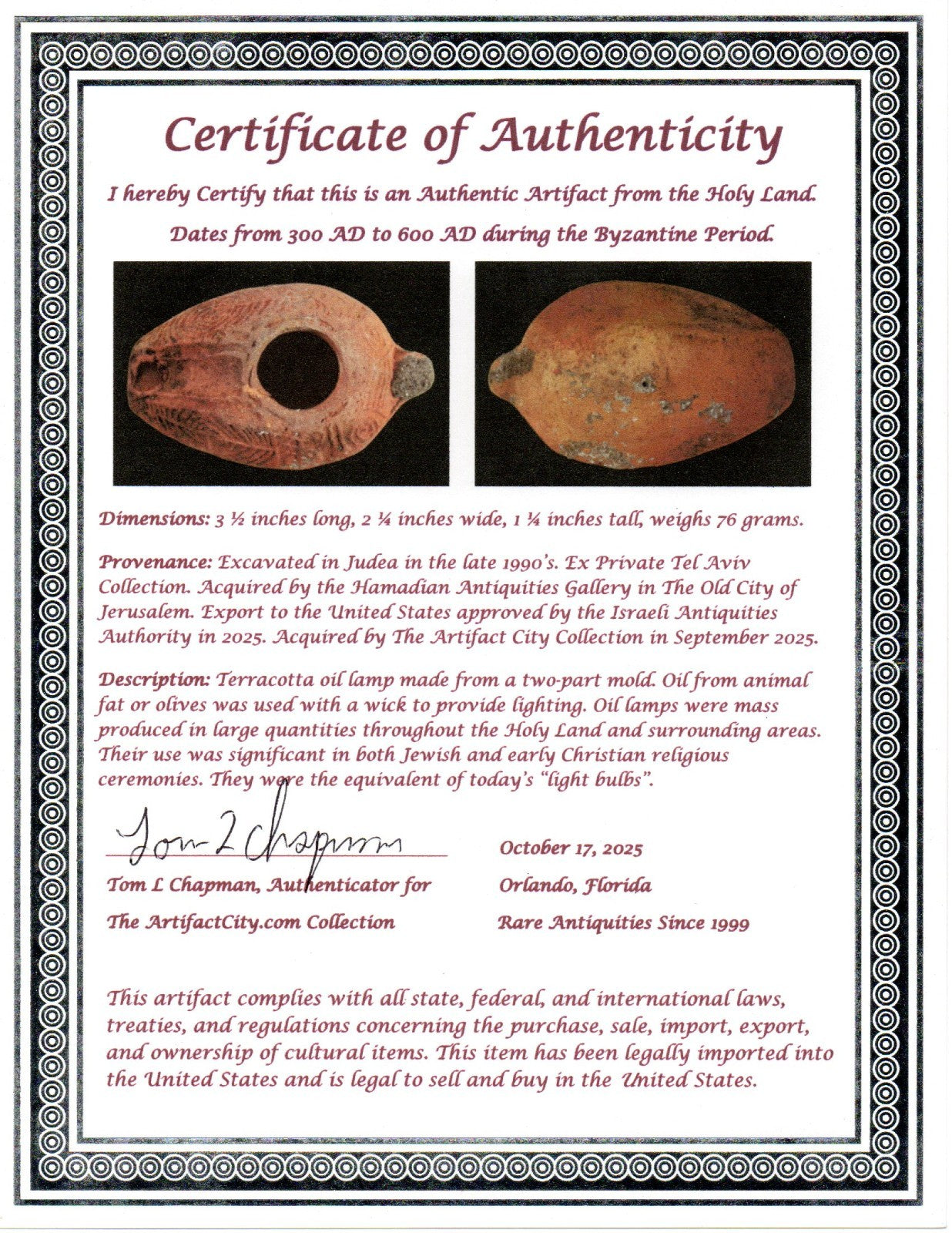 Ancient Holy Land Oil Lamp Artifact 2 Hidden Christian Crosses 300-600AD COA 102