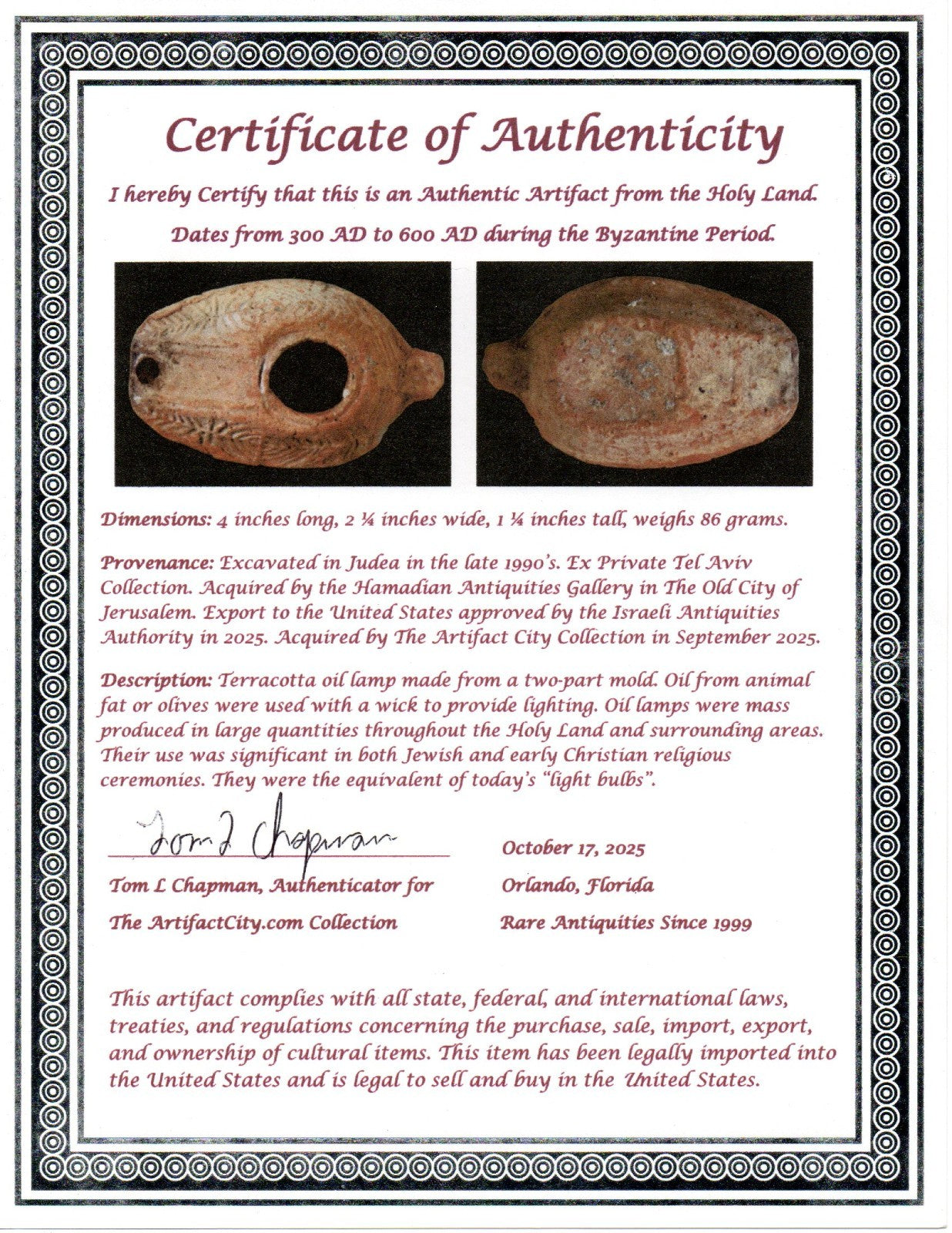 Oil Lamp Holy Land Ancient Artifact Jesus Christ Home Israel 300-600 AD COA 114