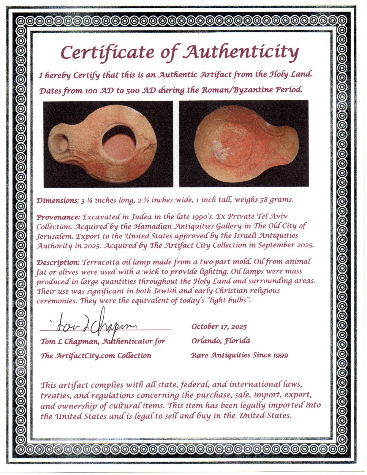 Ancient Holy Land Oil Lamp Artifact From Jesus Christ Home Land 100-500AD COA 50