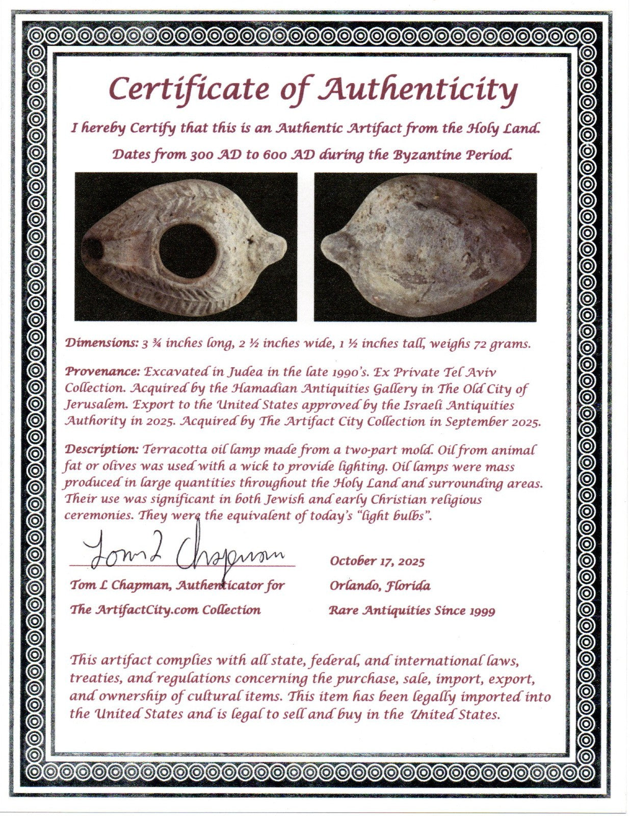 Oil Lamp Holy Land Ancient Artifact Jesus Christ Home Israel 300-600 AD COA 92