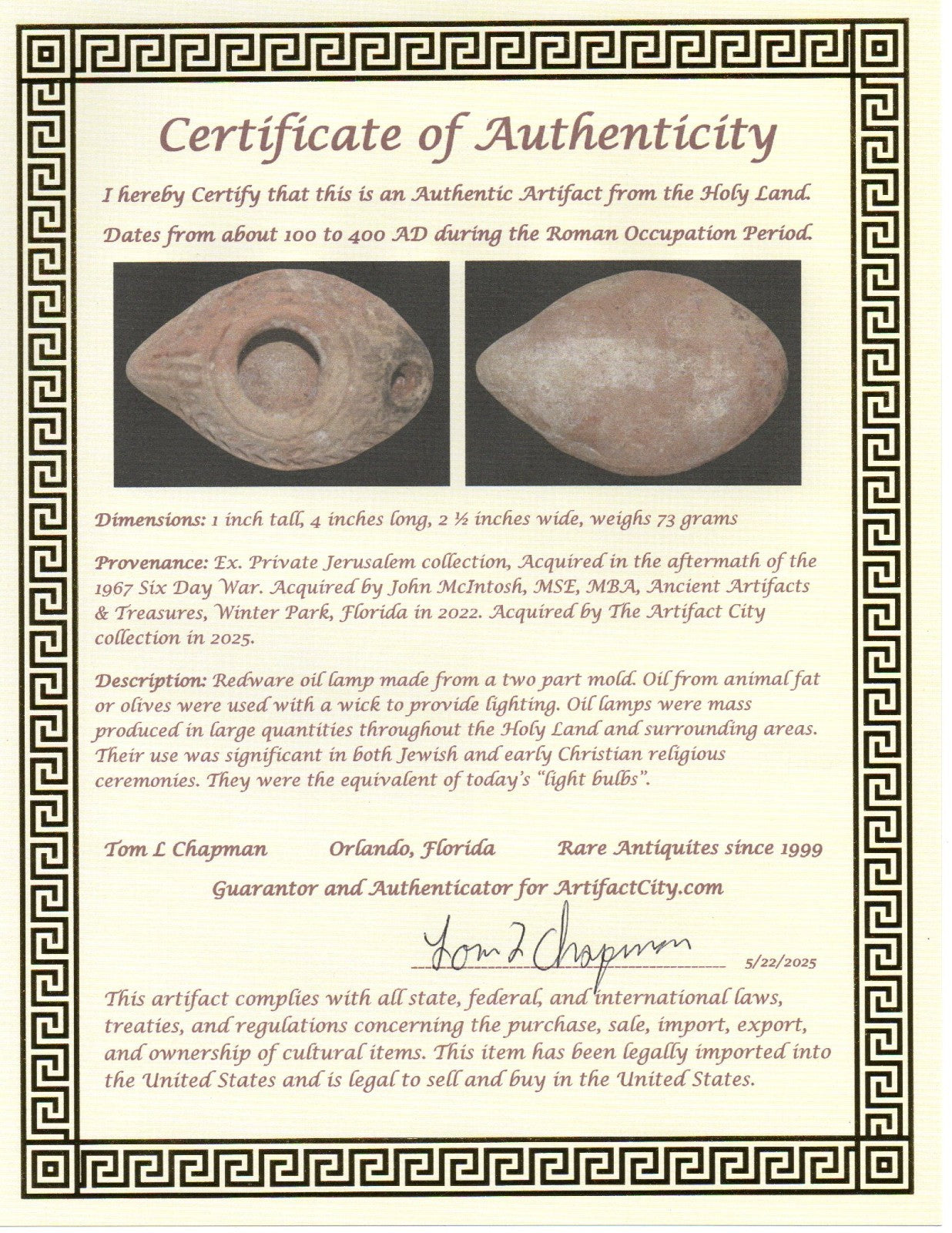 Oil Lamp Holy Land Ancient Artifact Jesus Christ Home Israel 100-400 AD COA J106