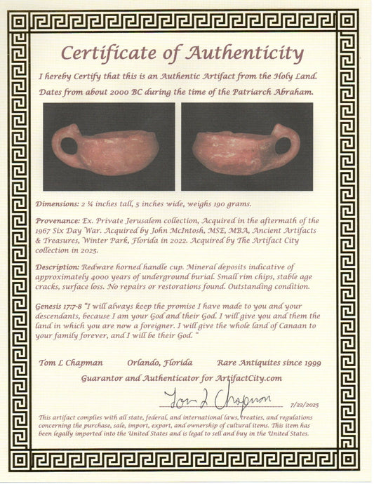 Ancient Holy Land Artifact 4000 Year Old Cup Time of Abraham 2000 BC COA J115