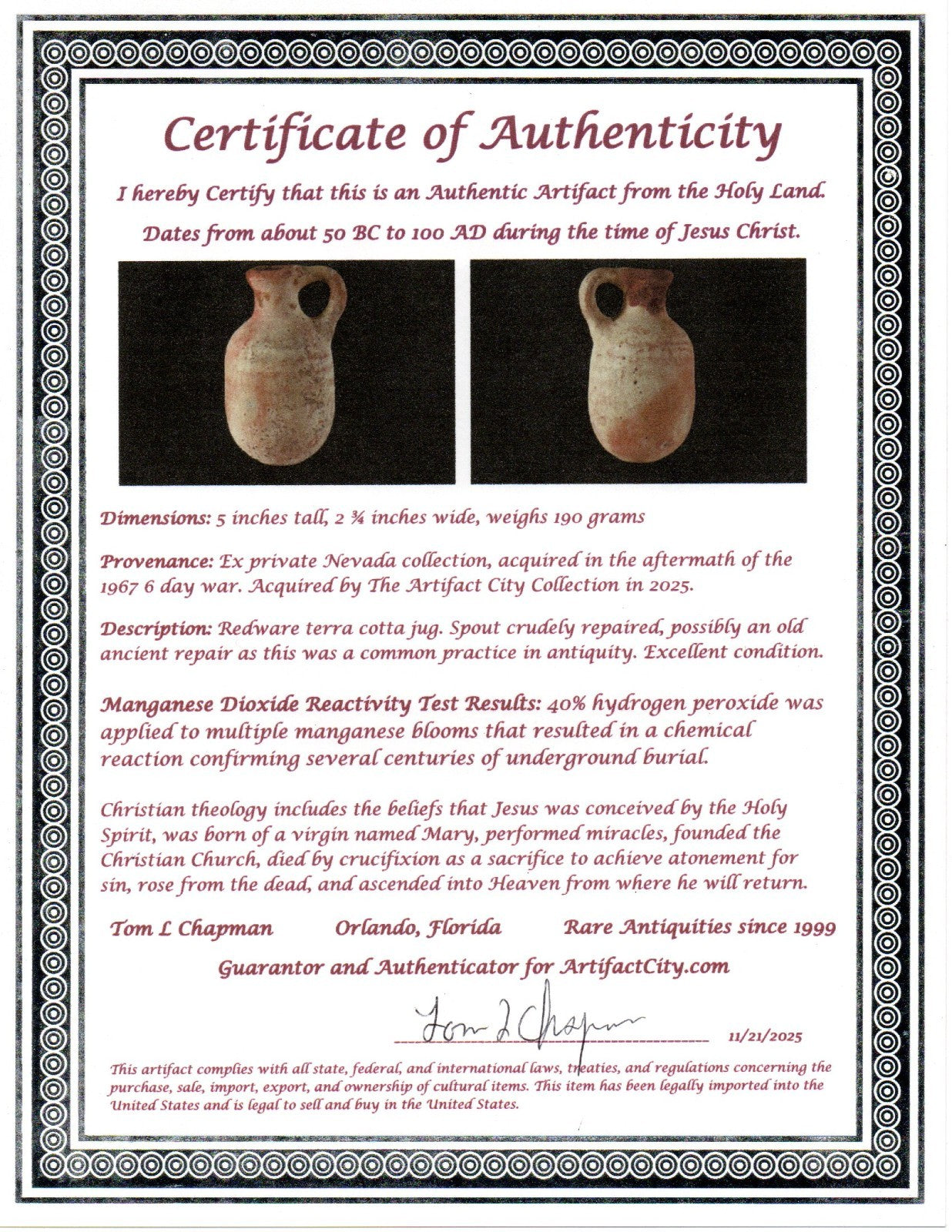 Time of Jesus Christ Ancient Holy Land Artifact Herodian Jug 50BC - 100AD COA 33