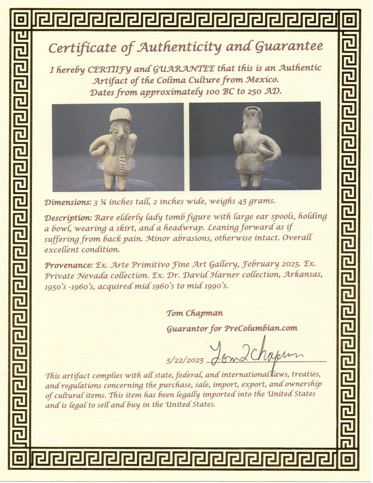 Pre Columbian Artifact Authentic Rare Grandma Tomb Figure Colima Mexico COA 147