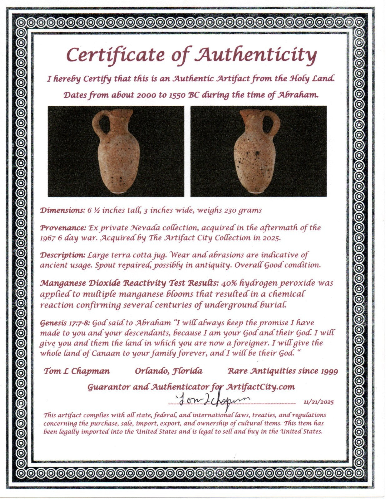 Time of Abraham Holy Land Artifact Ancient 4000 Year Old Jug 2000-1550 BC COA 45