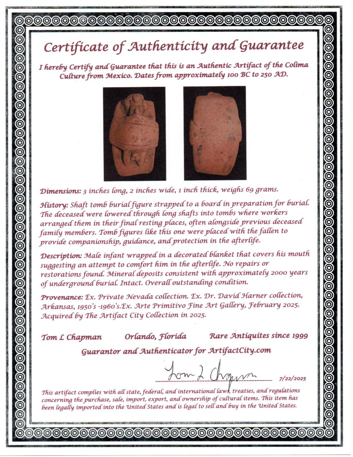 Pre Columbian Artifact Infant Tomb Burial Figure Colima Mexico 100 BC COA 223