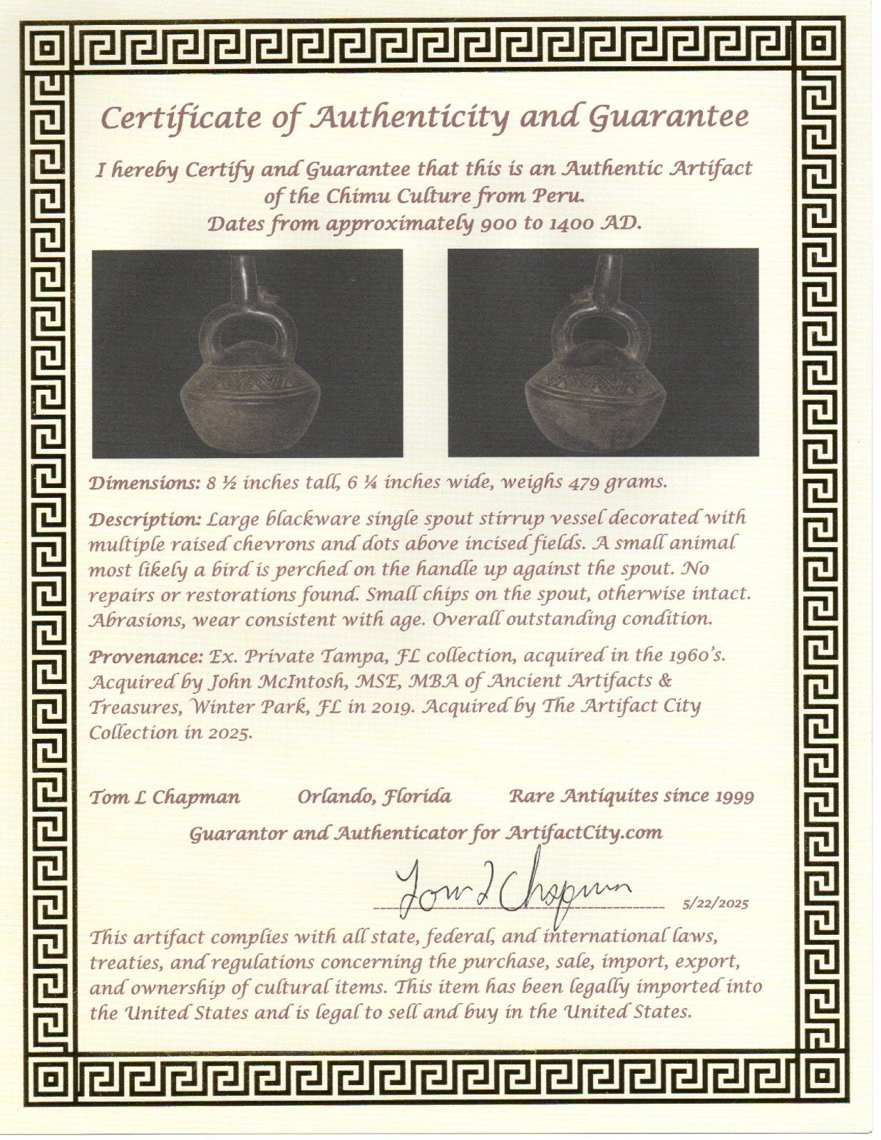 Pre Columbian Artifact Authentic Chimu Stirrup Vessel 900-1400 AD Peru COA 221