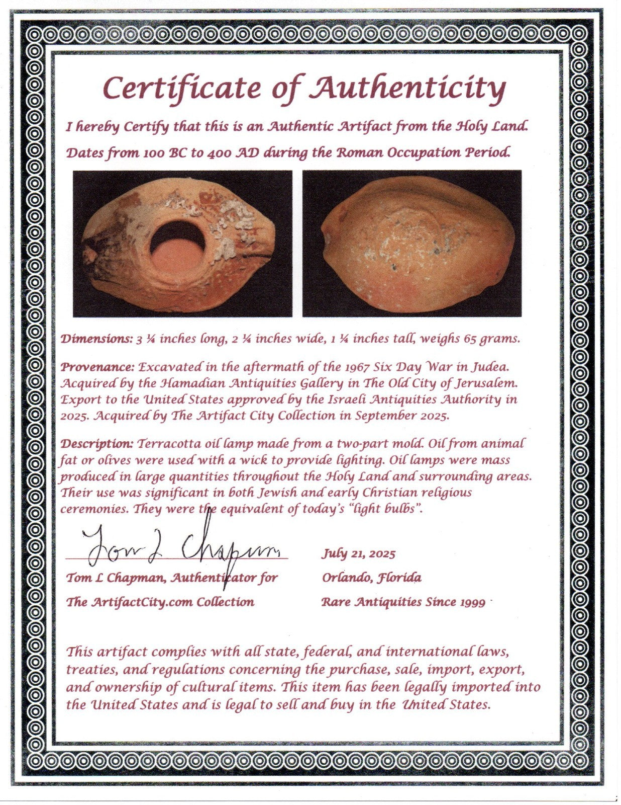 Ancient Holy Land Oil Lamp Artifact Jesus Christ Homeland 100BC-400AD COA 30