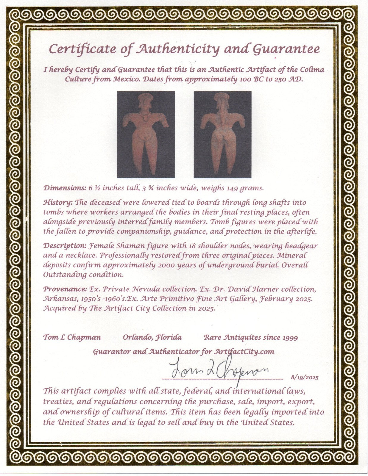 Pre Columbian Artifact 6in Female Shaman Tomb Figure Colima Mexico 100BC COA 256